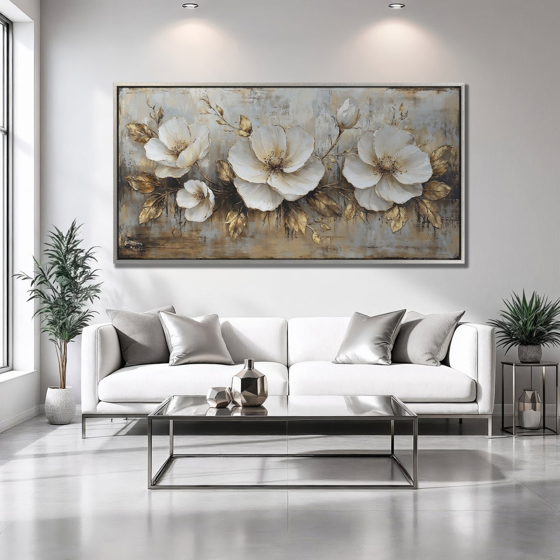 Framed Wall Art: Elegant floral Canvas Print with white flowers, gold accents, and a neutral color palette. Perfect for modern home decor.