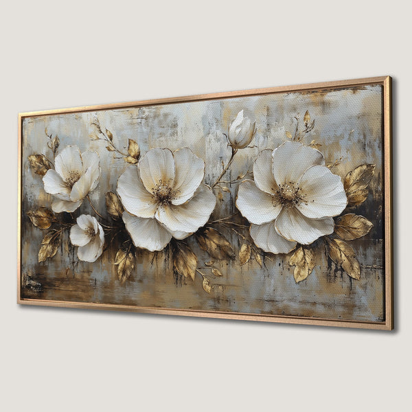 Framed Wall Art featuring elegant white floral design with gold accents on a textured background. A beautiful piece for any home decor, neutral palette.