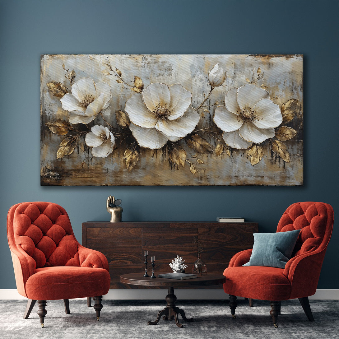 Framed Wall Art featuring elegant white floral art with gold accents. Modern Canvas Print with a neutral, sophisticated color palette. Elevate your space!