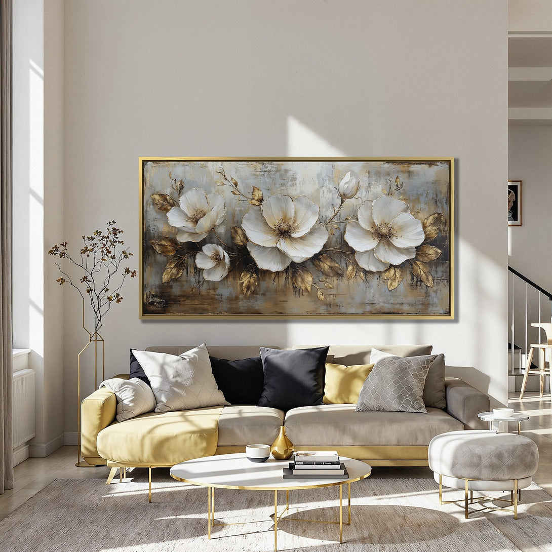 Canvas Print featuring elegant white floral art with gold accents, displayed in a stylish interior. Modern, neutral color palette.