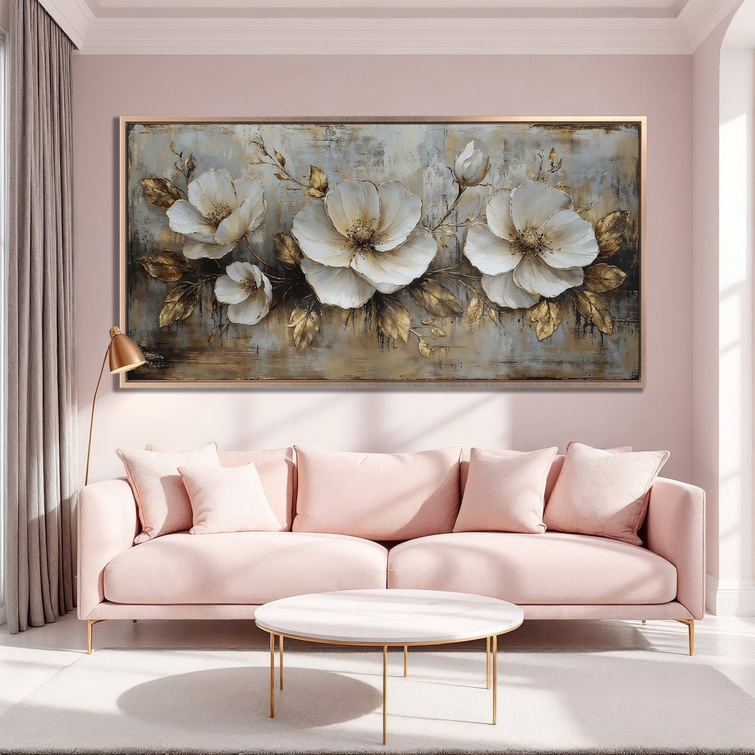 Framed Wall Art: Elegant floral canvas print in a soft, neutral palette. Featuring white flowers with gold accents, perfect for modern home decor.