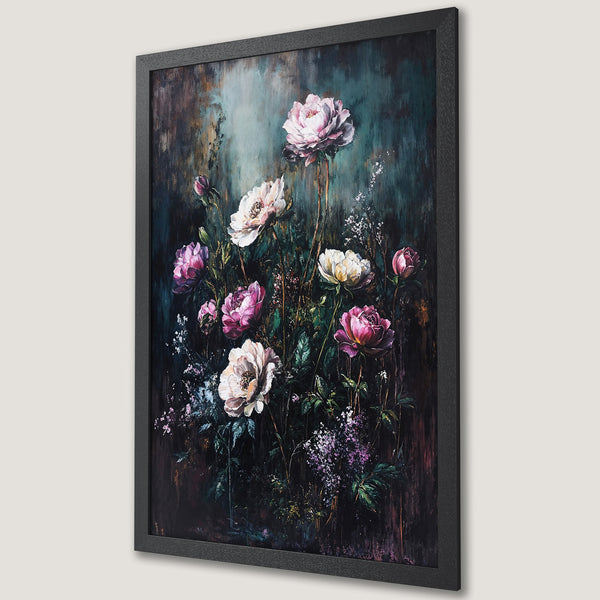 Framed Poster featuring a floral painting. Dark, moody style with pink, white, and green blooms on a dark teal background. Perfect wall art.