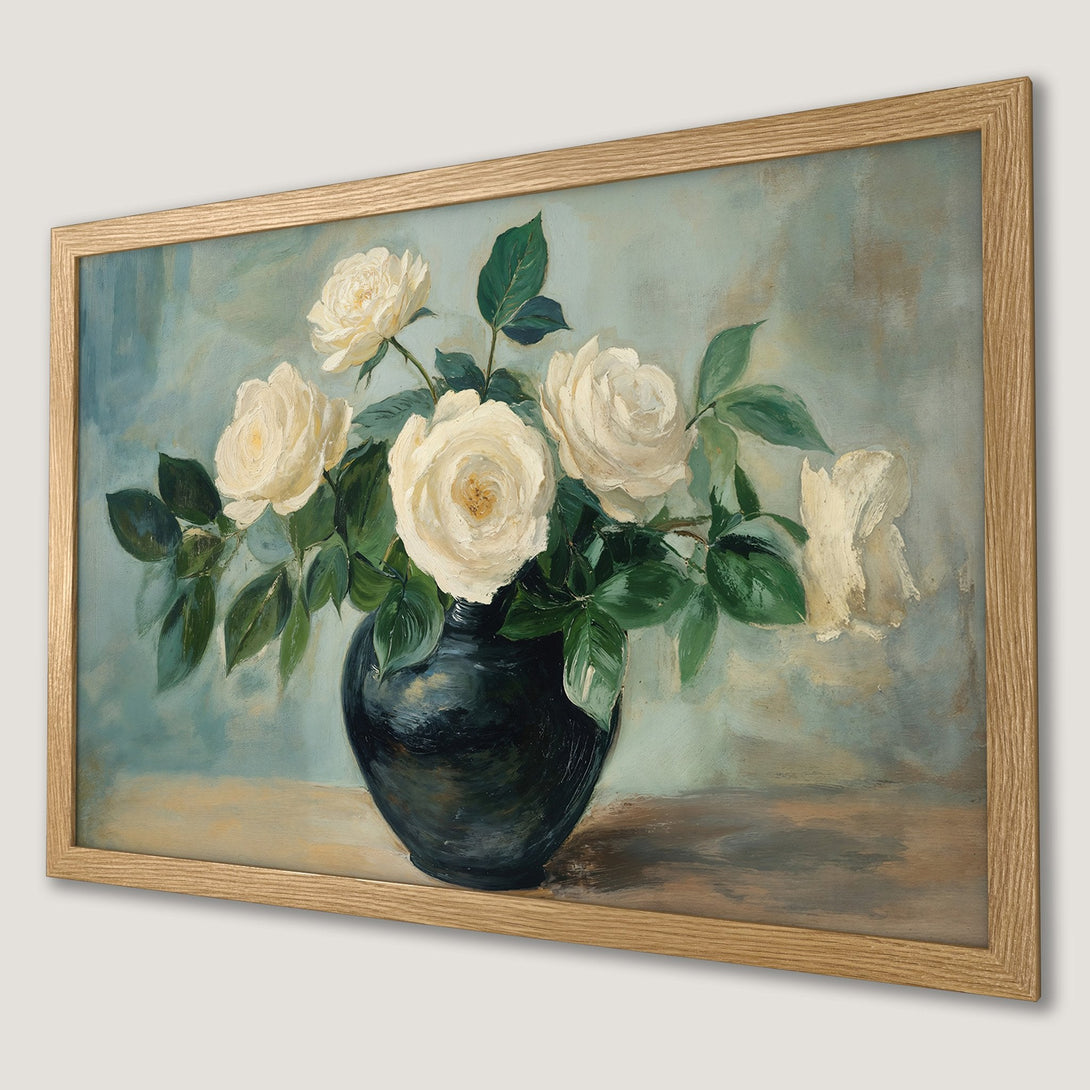 Framed Poster of white roses in a vase, vintage style with a soft, blue and green color palette.