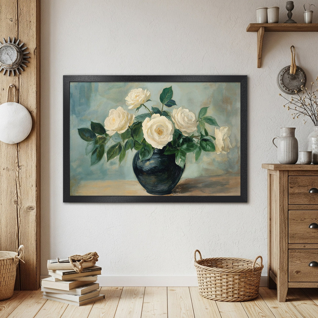Framed Poster of white roses in a vase, vintage style, soft blue and cream color palette.