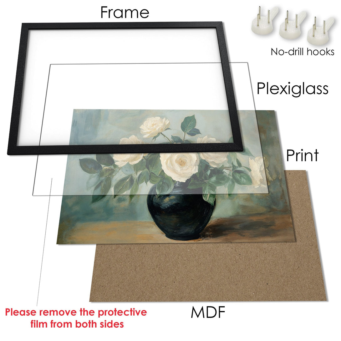 Framed Poster featuring a floral still life in a vintage style with a soft, muted color palette. Perfect wall art for any room.