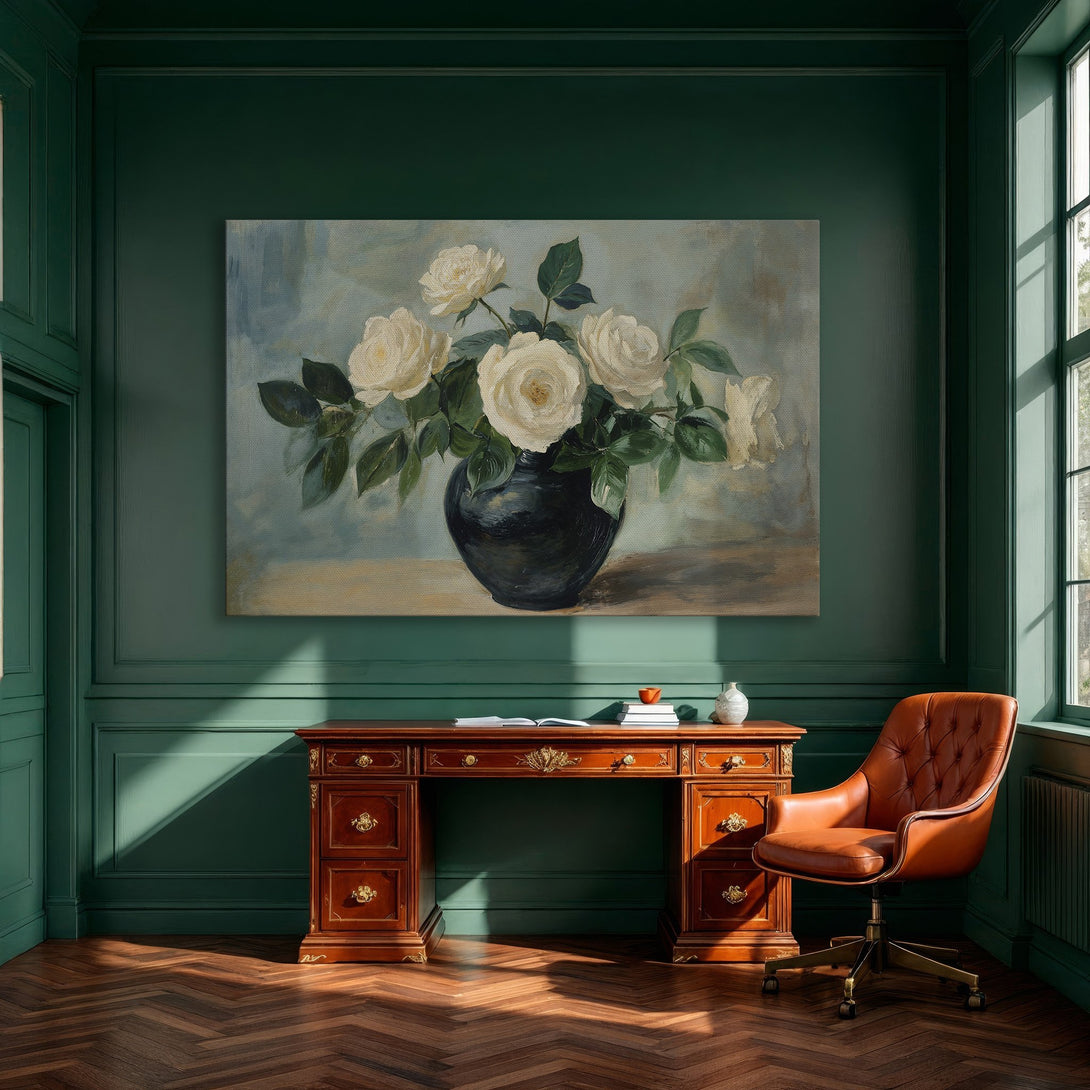 Framed Wall Art: Elegant floral canvas print in a dining room. Featuring white roses, a blue-green palette, and a classic, timeless style.