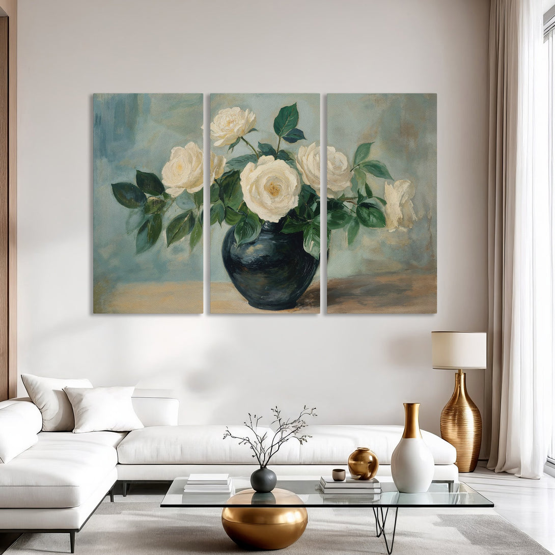 Canvas Print of white roses in a vase, a beautiful floral painting in a soft blue and green palette. Perfect wall art for a modern home.