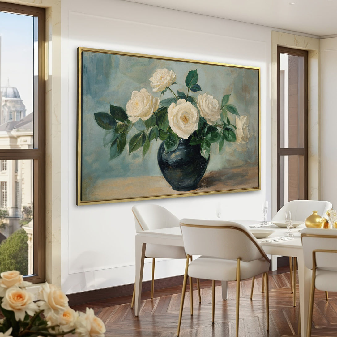 Canvas Print featuring a classic still life of white roses in a dark vase. Elegant, vintage style with a muted color palette. Perfect for any room!