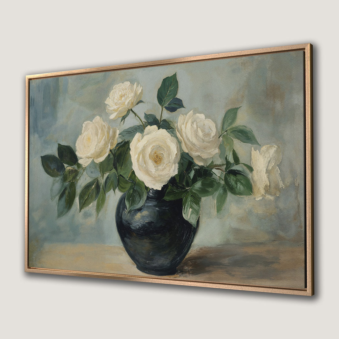 Framed Wall Art: Elegant still life of white roses in a vase. Soft, vintage style with a calming blue and green color palette. Perfect for home decor.