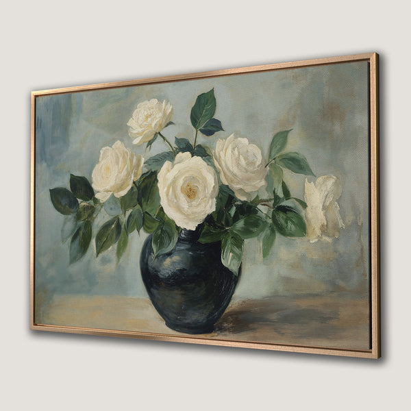 Framed Wall Art: Elegant still life of white roses in a vase. Soft, vintage style with a calming blue and green color palette. Perfect for home decor.