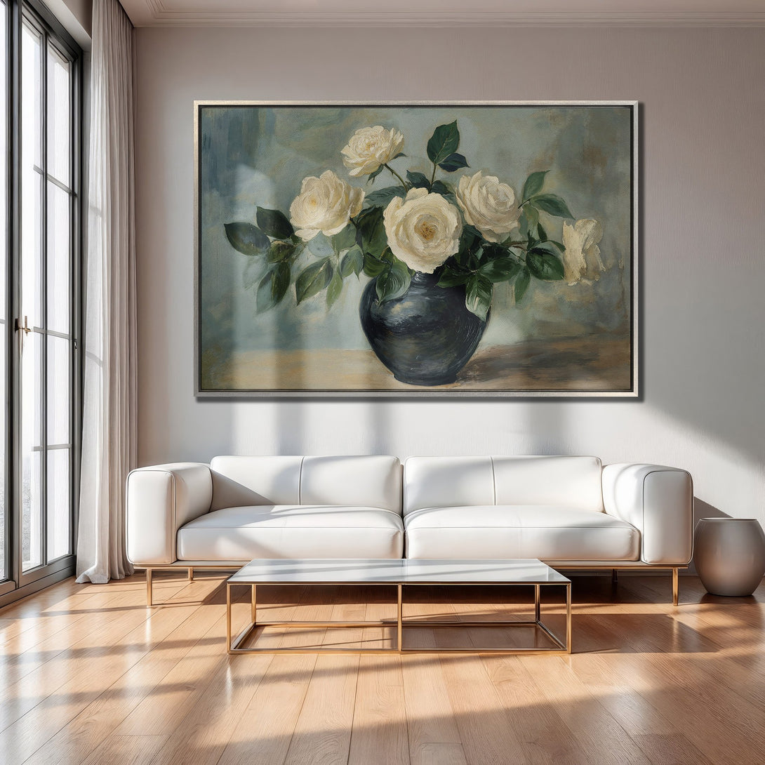 Framed Wall Art featuring a floral still life in a muted color palette. Elegant canvas print with white roses in a dark vase, perfect for any interior.