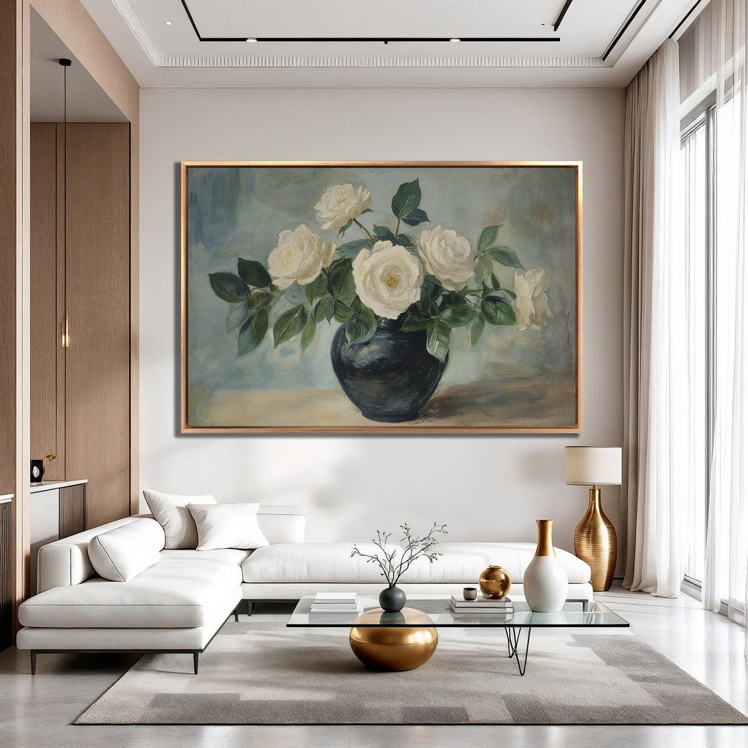 Framed Wall Art: Elegant floral still life Canvas Print with white roses in a modern interior. Features a soft, muted color palette.