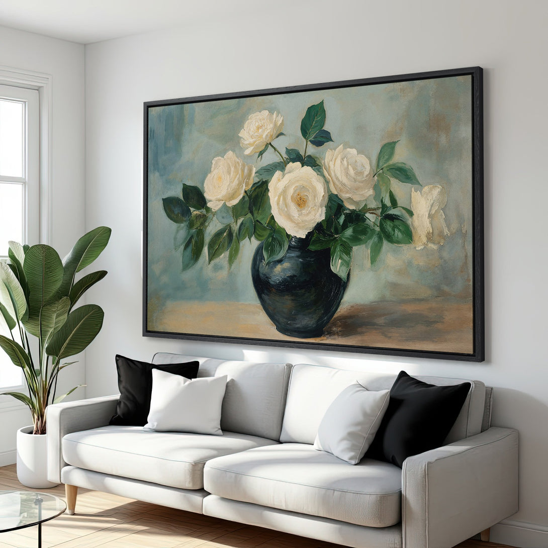 Framed Wall Art: Elegant floral painting of white roses in a vase, showcasing a vintage style with a soft blue and cream color palette.