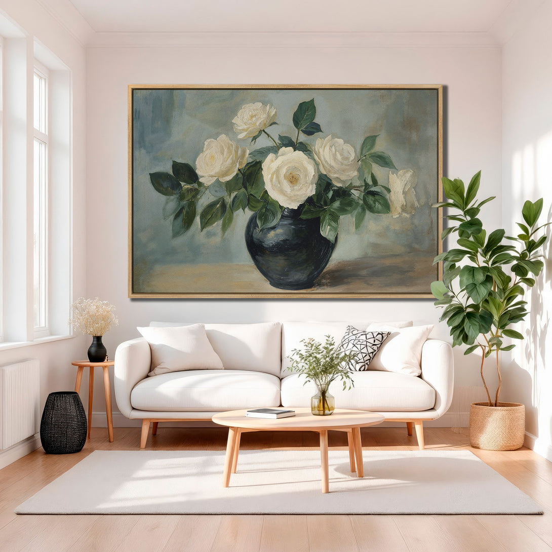 Framed Wall Art: Elegant floral painting of white roses in a vase. Soft, muted color palette adds a touch of sophistication to any living room.