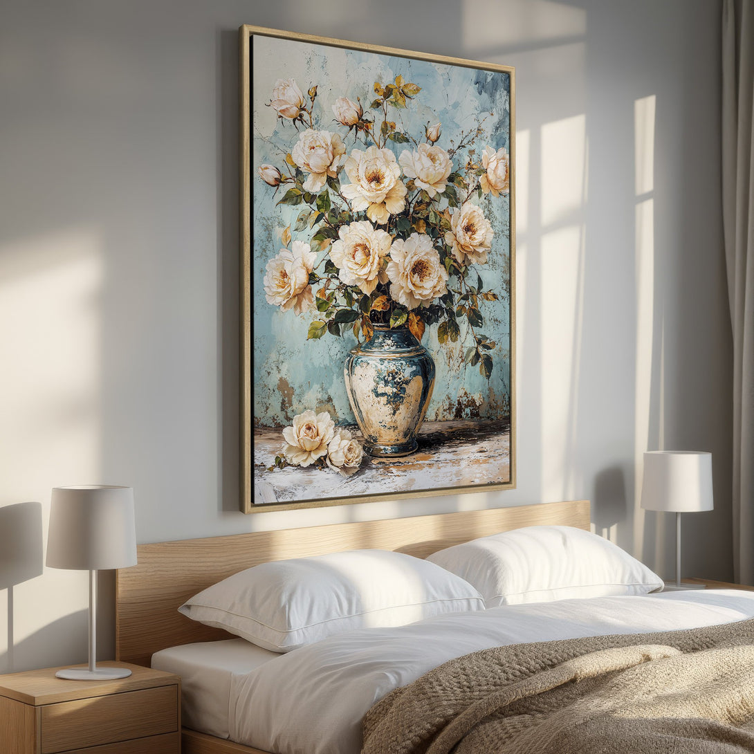 Framed Wall Art: Elegant floral still life Canvas Print in soft cream and blue hues. Perfect bedroom decor, adding a touch of vintage charm.