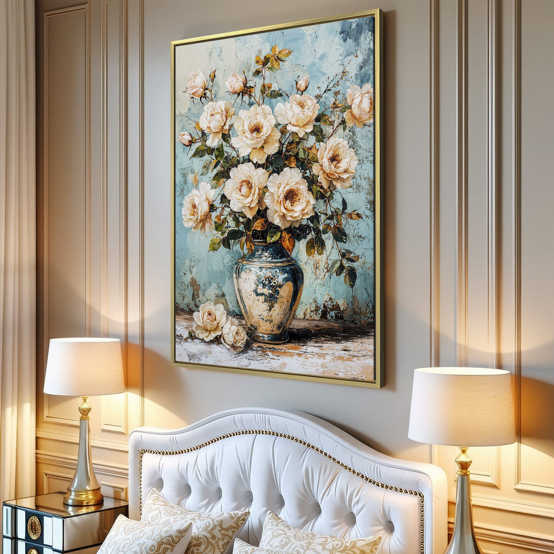 Canvas Print of roses in a vase, vintage style, with a soft blue and cream color palette, perfect for living room decor.