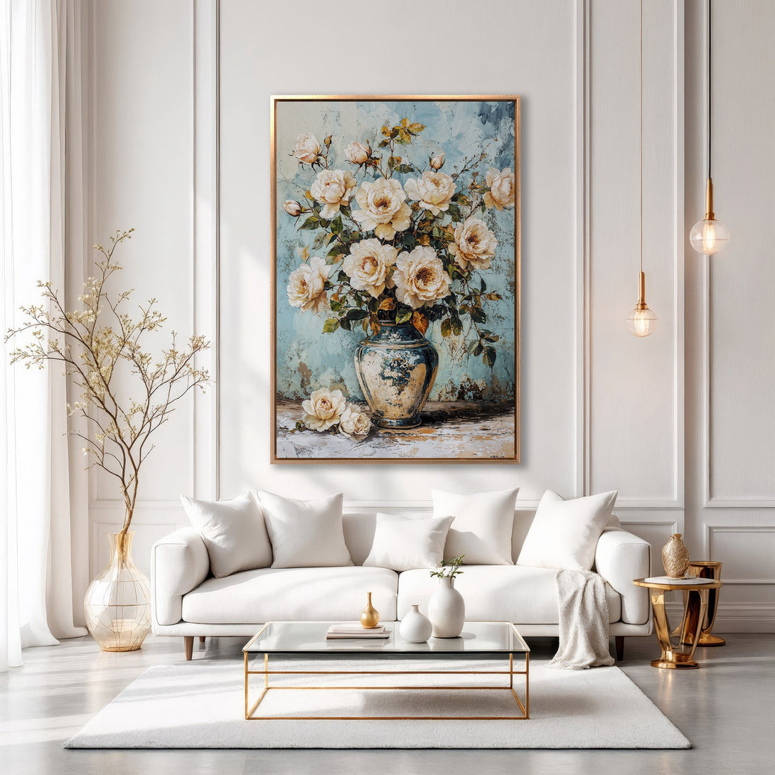 Framed Wall Art: Elegant floral canvas print in soft ivory and blue tones. Perfect for adding a touch of sophistication to your living room decor.