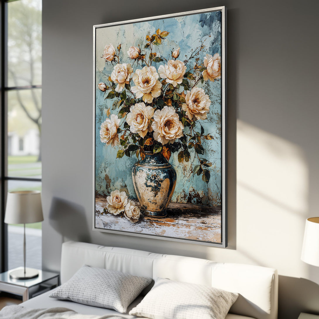 Framed Wall Art featuring a floral still life. Vintage style with a cream, blue, and brown color palette. Perfect for adding elegance to your bedroom.