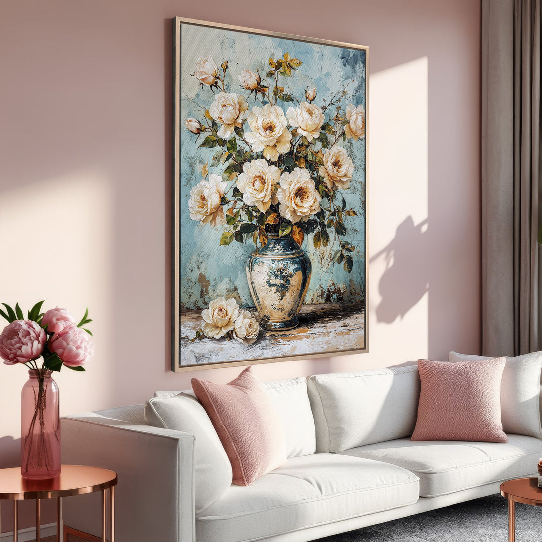 Framed Wall Art: Elegant floral painting with cream roses and a blue background. Adds a touch of sophistication to any room. Soft pink and cream color palette.