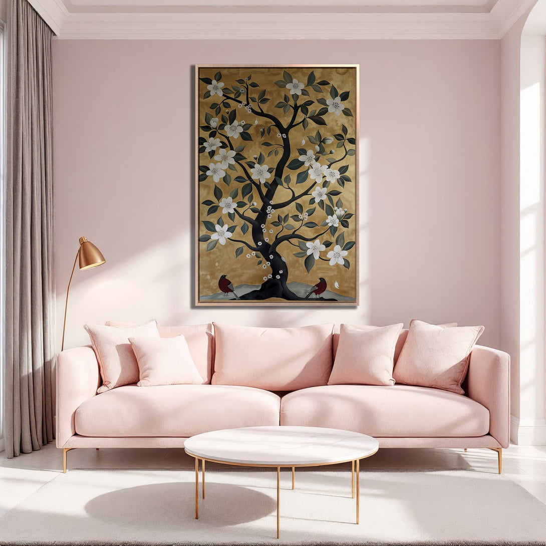 Framed Wall Art: Elegant tree art in gold, black, and white, displayed in a stylish pink interior. Perfect for adding a touch of sophistication to any space.
