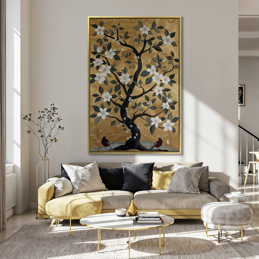 Canvas Print of a flowering tree in a gold and black palette, displayed in a kitchen with a pink wall. Perfect wall decor!