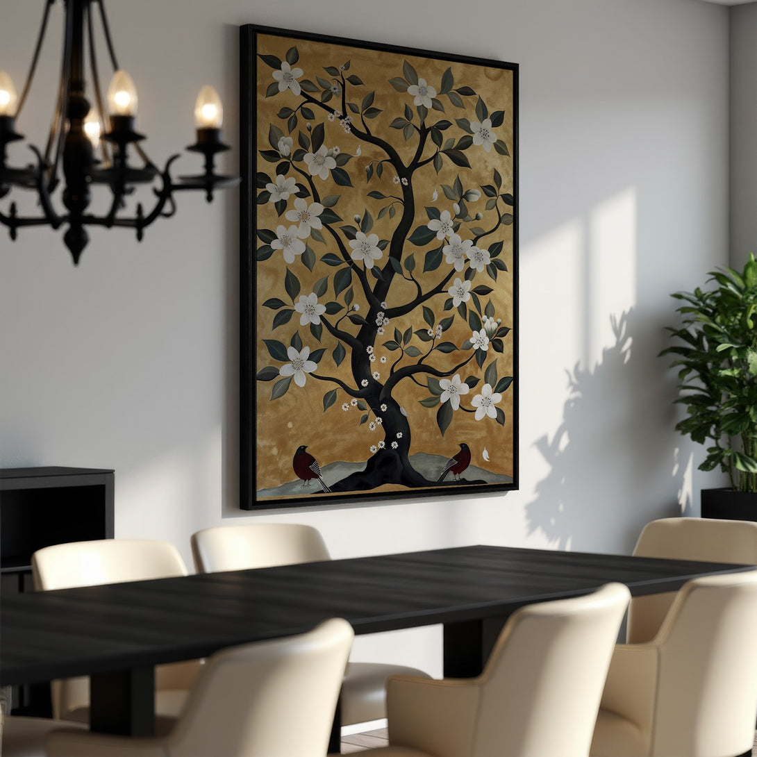 Framed Wall Art: Elegant tree artwork with gold, black, and white color palette. Perfect for dining room decor. Bring nature's beauty indoors!