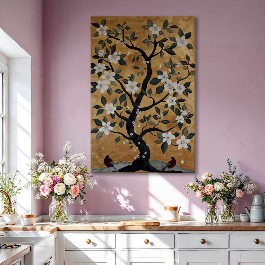 Framed Wall Art: Elegant tree painting with white flowers and birds, gold and black palette. Perfect for living room decor.