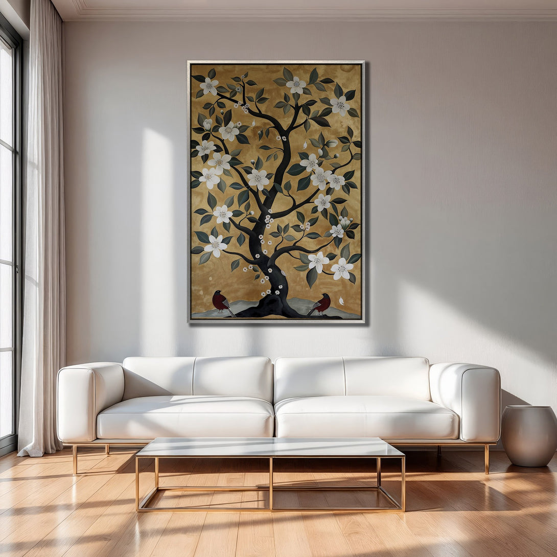 Framed Wall Art featuring a tree with white flowers, set against a gold background. Modern style, neutral color palette. Perfect for living room decor.