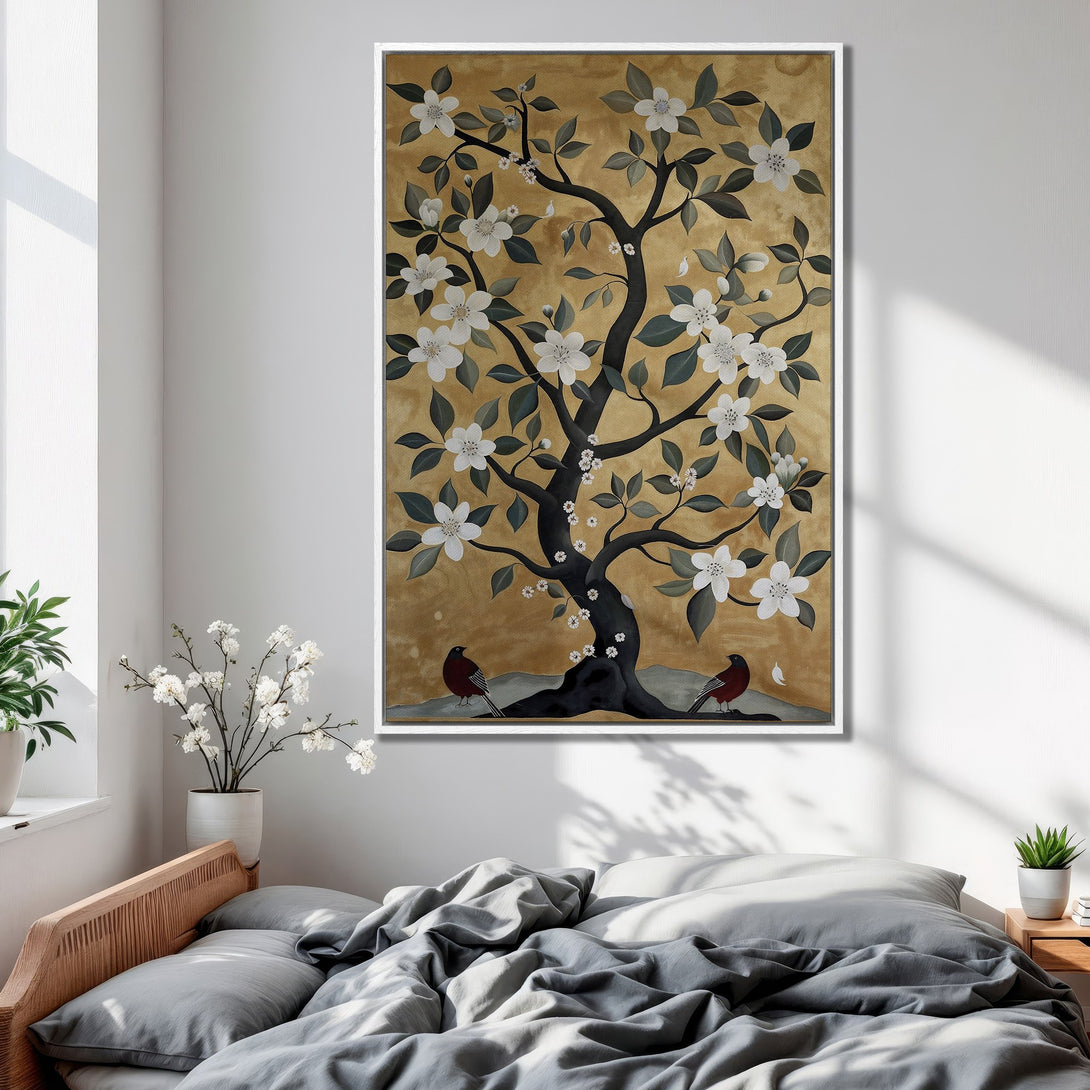 Framed Wall Art: Elegant floral tree print with gold background, white frame. Adds a touch of nature and serenity to any bedroom. Shop now!