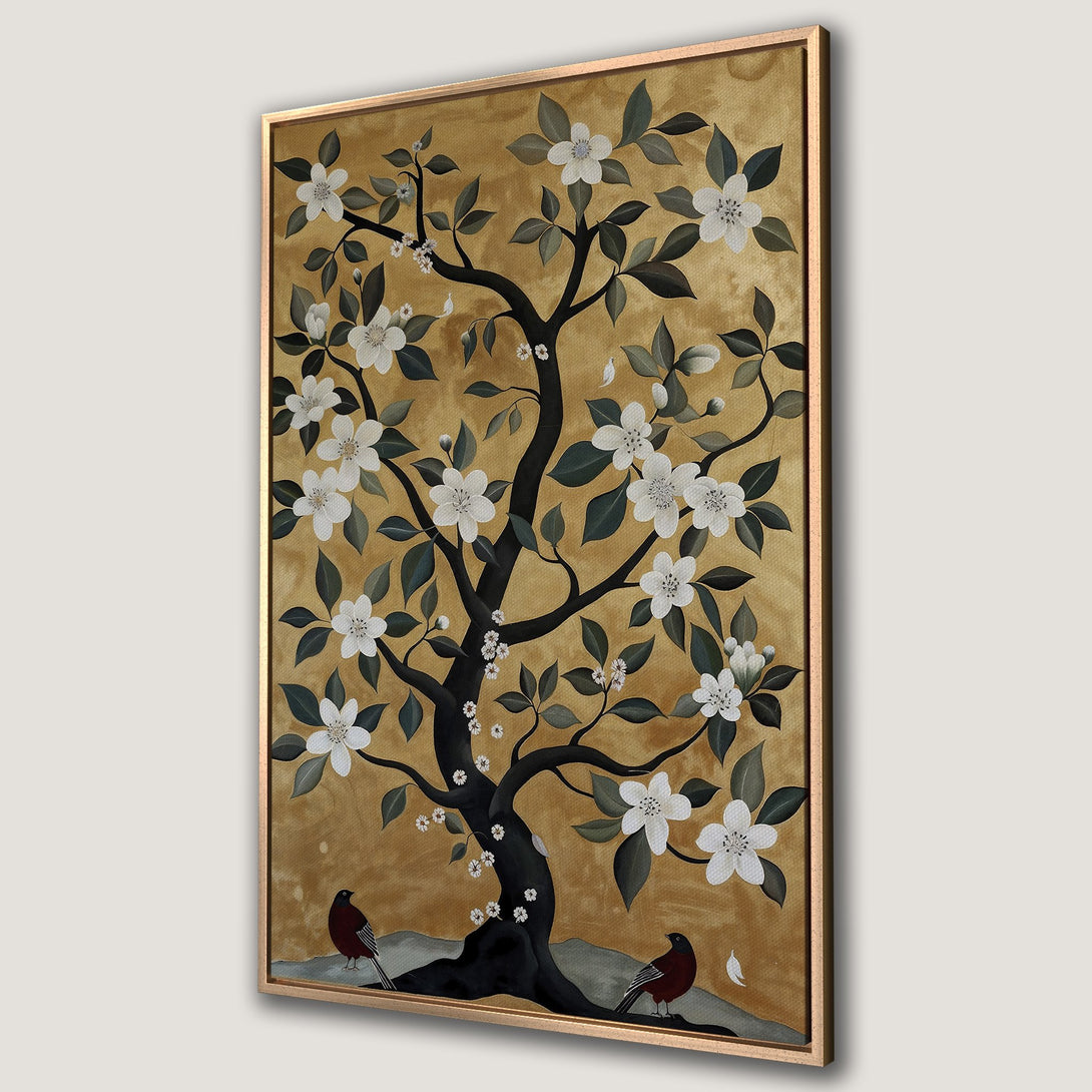 Framed Wall Art featuring a stylized tree with white blossoms, birds, and a gold background. Perfect for adding a touch of elegance to any space.