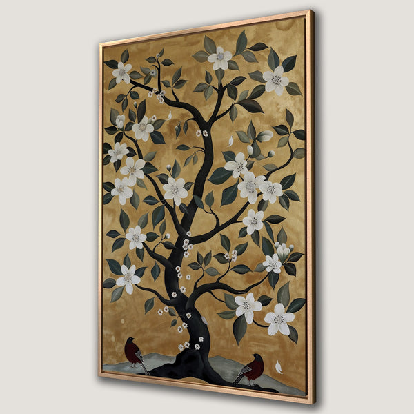 Framed Wall Art featuring a stylized tree with white blossoms, birds, and a gold background. Perfect for adding a touch of elegance to any space.
