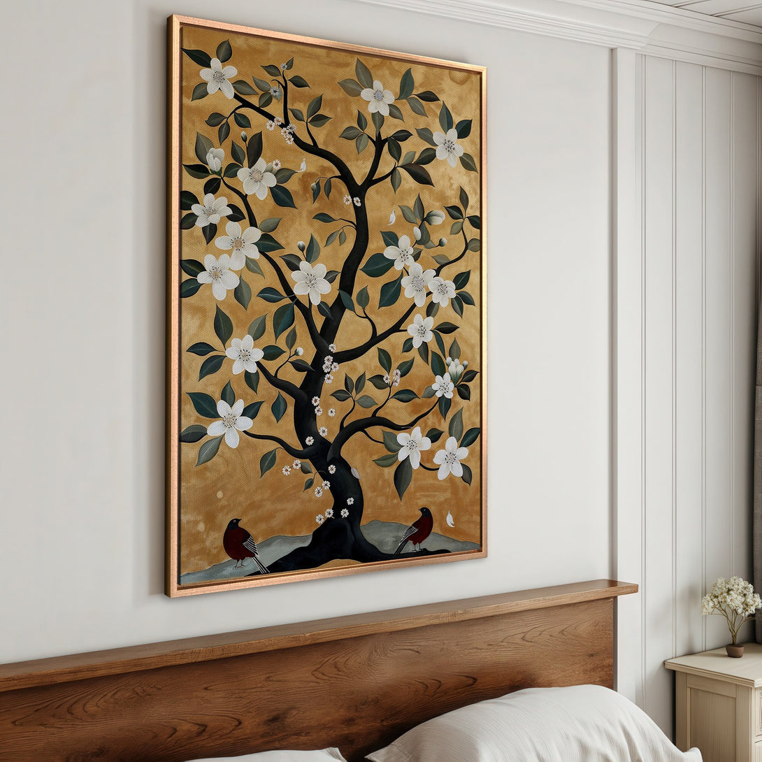 Framed Wall Art: Elegant floral tree painting with gold, black, and white color palette. Perfect for bedroom decor, adds a touch of sophistication.