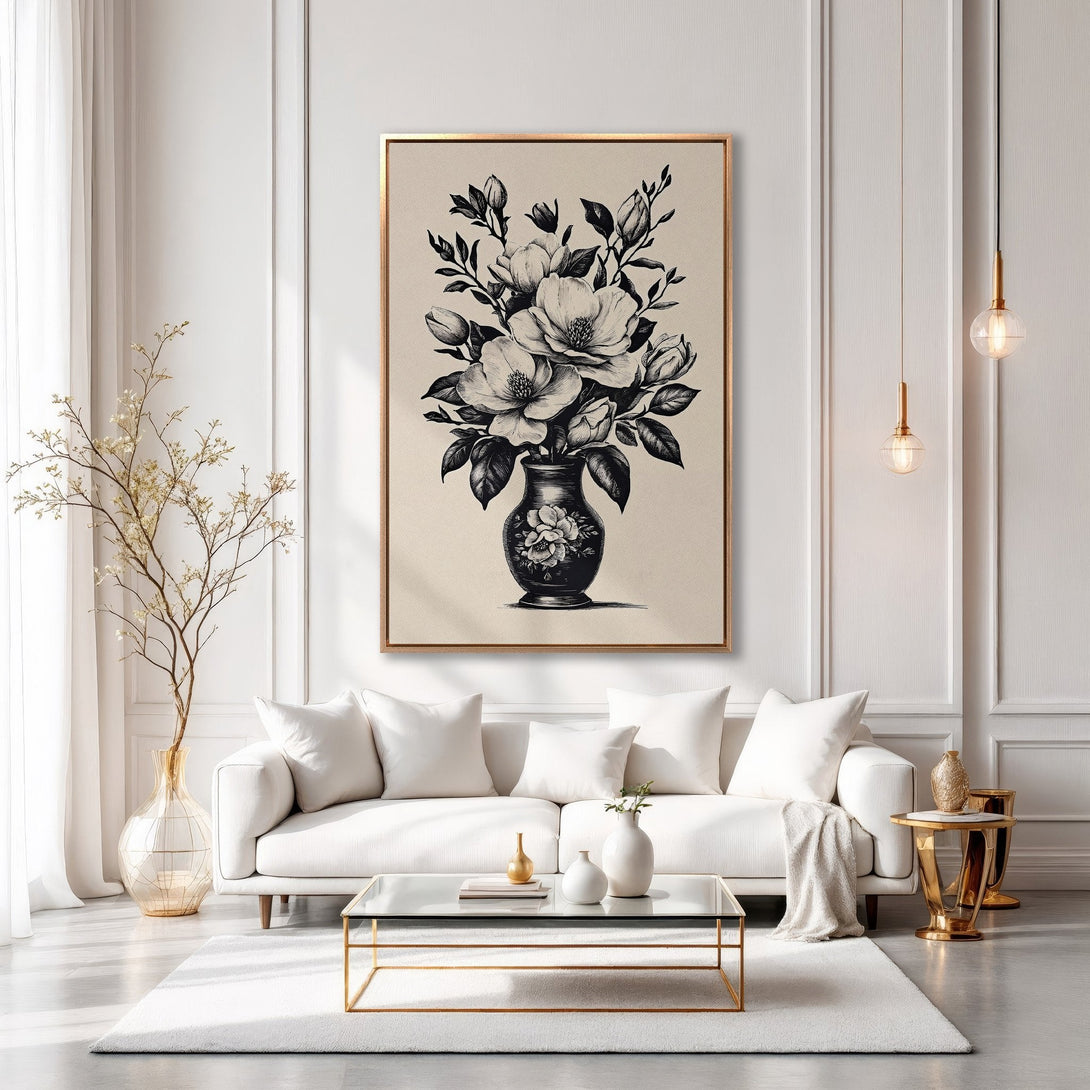 Framed Wall Art: Black & white floral illustration in a gold frame. Elegant home decor with neutral color palette, perfect for living room or bedroom.
