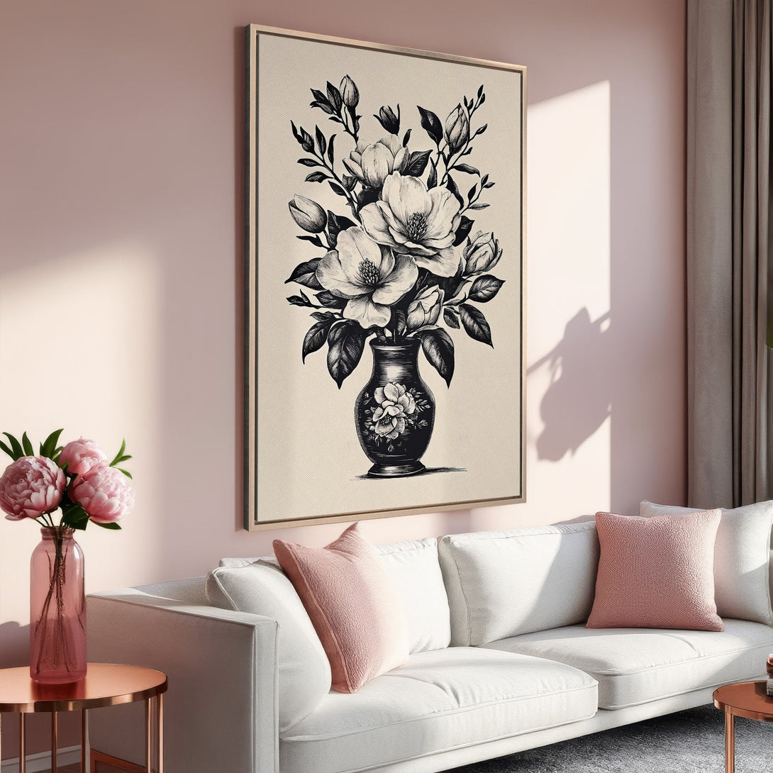 Framed Wall Art: Elegant black and white floral print in a modern interior. Soft pink and neutral color palette. Perfect for living room decor.