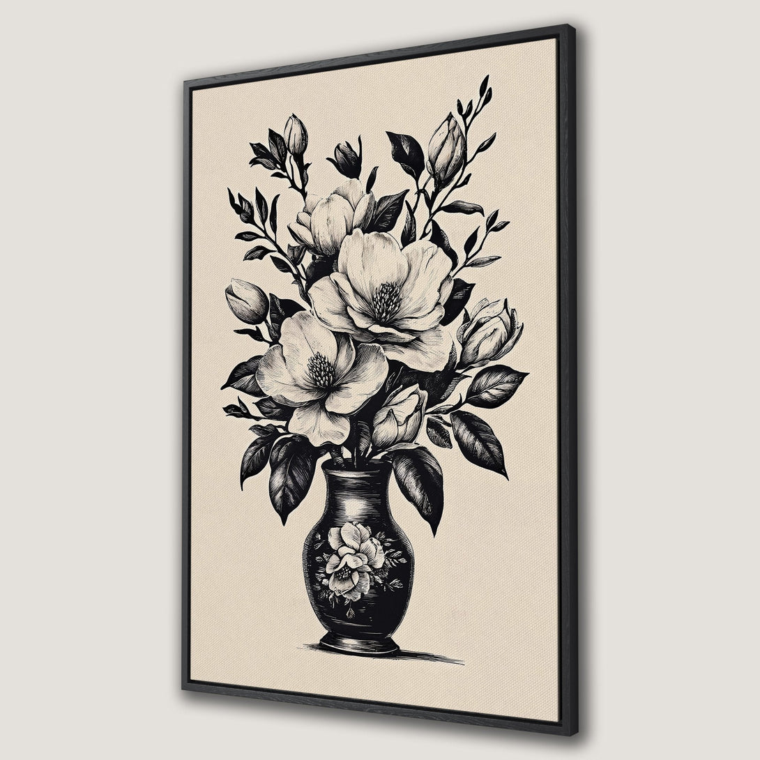 Framed Wall Art featuring elegant floral illustration in black and white, perfect for adding a touch of botanical style to your home decor.