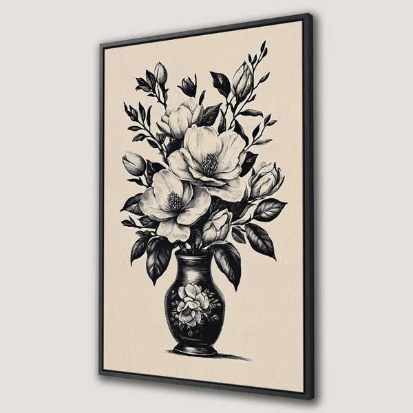 Framed Wall Art featuring elegant floral illustration in black and white, perfect for adding a touch of botanical style to your home decor.
