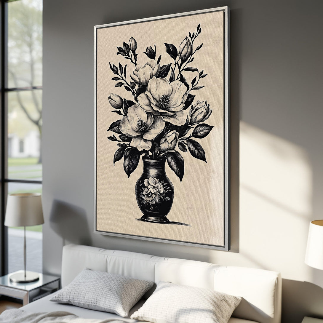 Framed Wall Art: Elegant floral sketch Canvas Print in black and beige, perfect for adding a touch of sophistication to any interior.