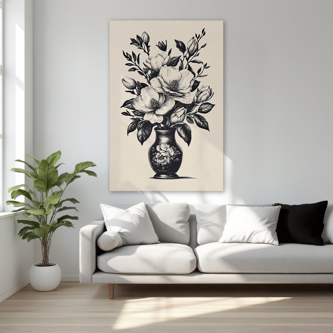Framed Wall Art: Elegant black and white floral print in a gold frame. Perfect for adding a touch of sophistication to any bedroom or living space.