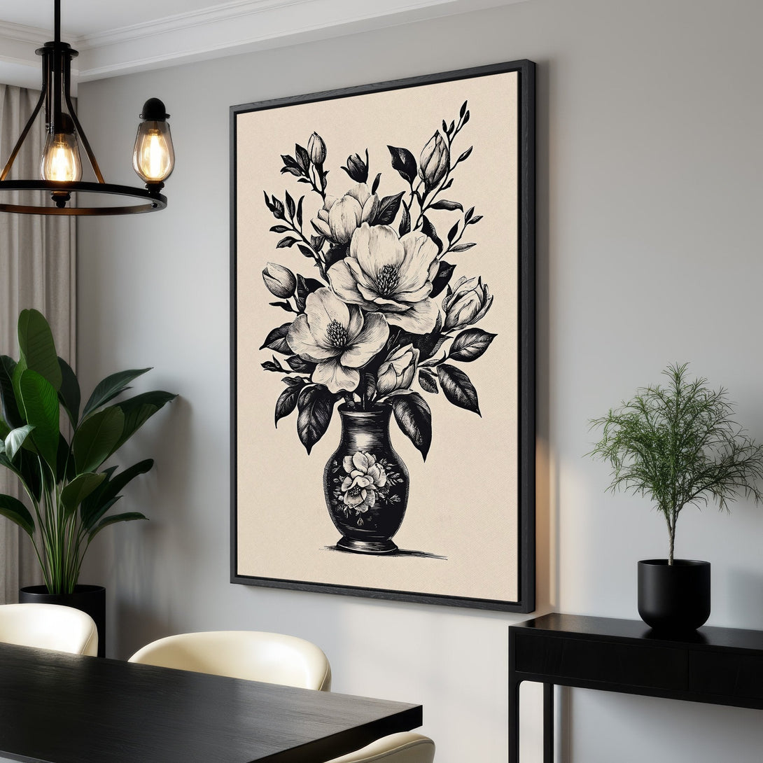 Framed Wall Art featuring a black and white floral illustration. Elegant botanical print with neutral color palette, perfect for modern home decor.