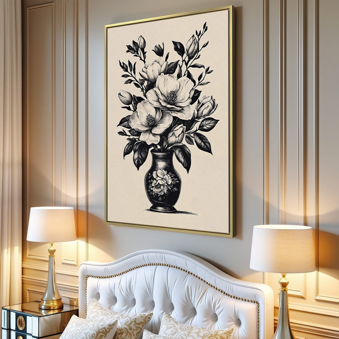 Canvas Print of elegant floral artwork in black and white, perfect for modern home decor. Neutral color palette.