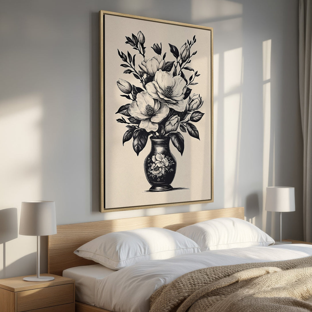 Framed Wall Art: Elegant black and white floral print in a bedroom. Sophisticated botanical art with neutral color palette, perfect for adding a touch of class.