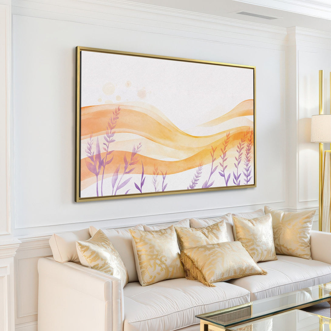 Canvas Print featuring watercolor-style abstract art with lavender and gold hues. Perfect for adding a touch of modern elegance to any room.