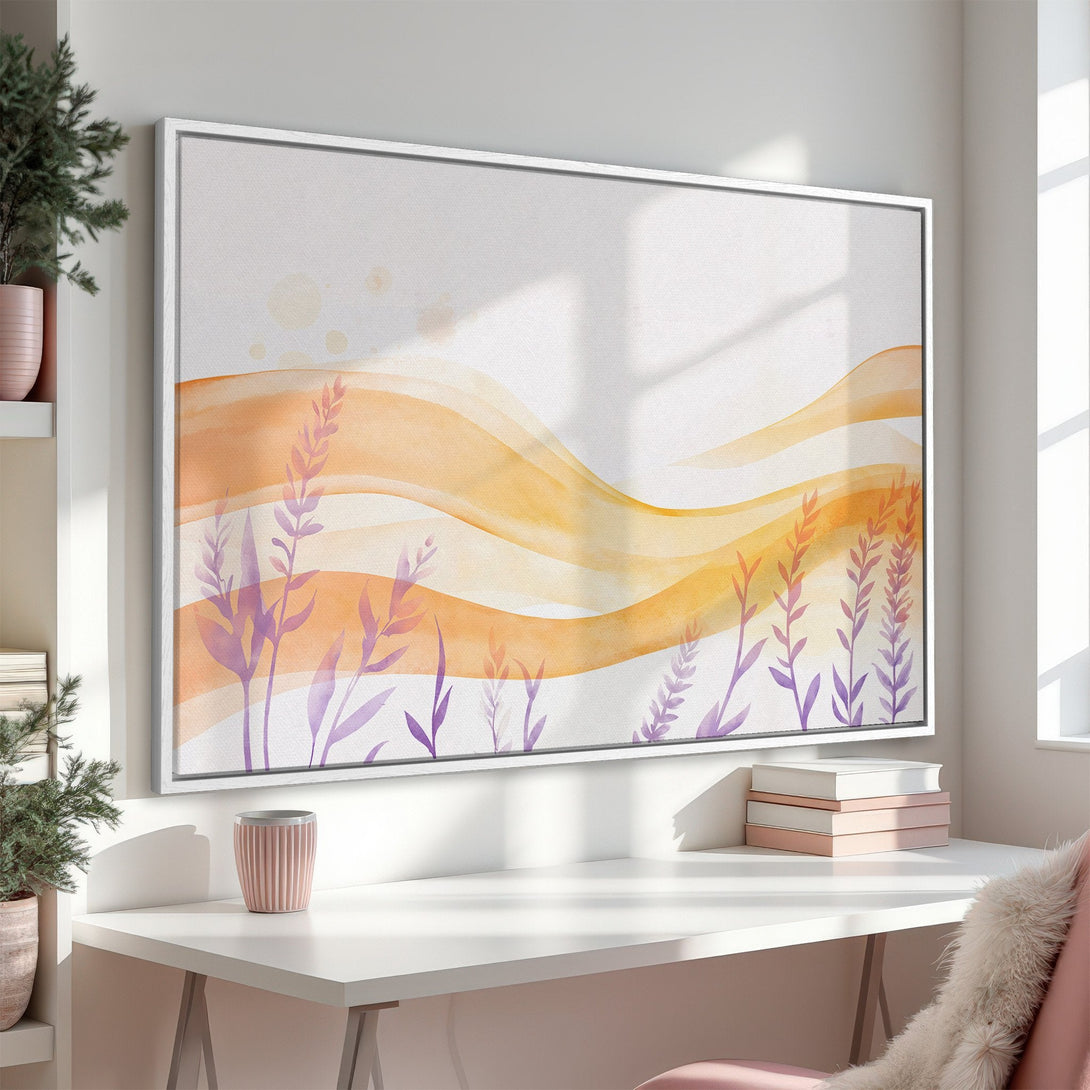 Framed Wall Art featuring an abstract watercolor design in warm orange and purple hues. Perfect for adding a touch of modern art to your space.