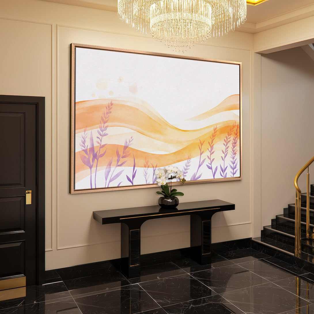 Framed Wall Art: Abstract watercolor canvas print in warm orange and purple tones, perfect for modern home decor.