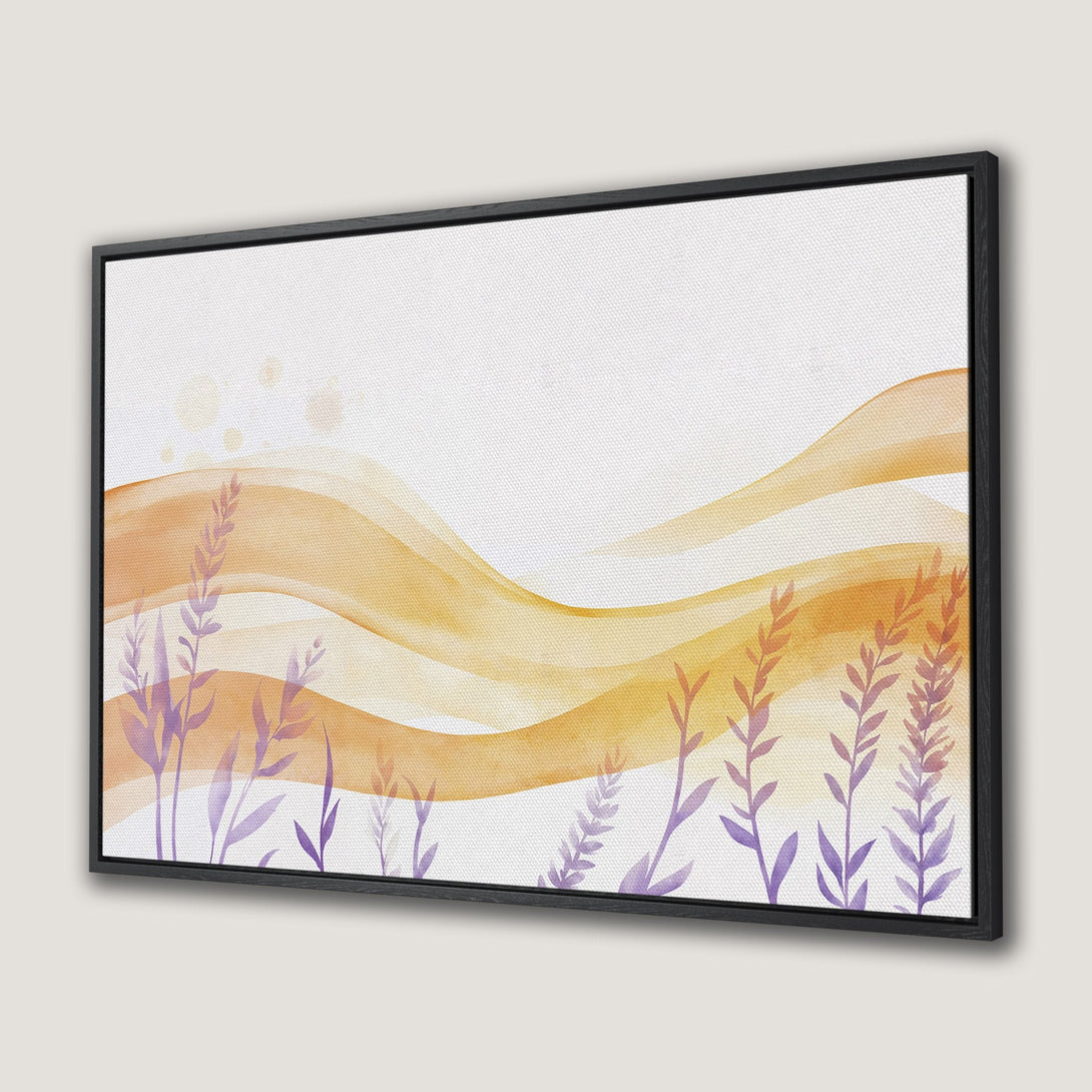 Framed Wall Art featuring watercolor abstract landscape art with warm yellow and purple tones. Perfect for adding a touch of nature to your space.