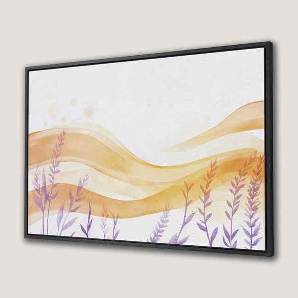 Framed Wall Art featuring watercolor abstract landscape art with warm yellow and purple tones. Perfect for adding a touch of nature to your space.