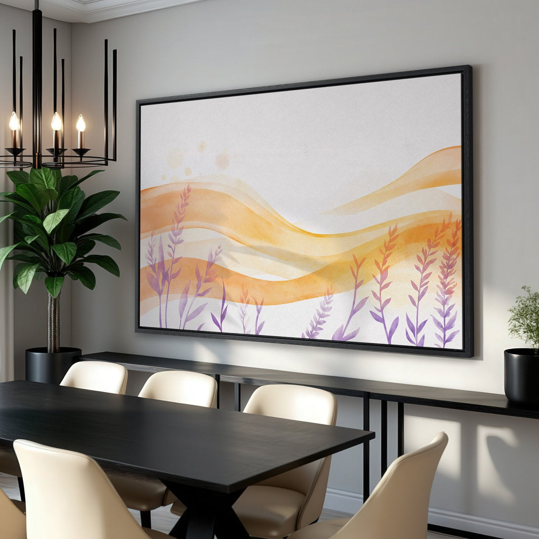 Framed Wall Art featuring an abstract watercolor design with flowing orange and purple hues. Perfect for adding a touch of modern art to your home decor.