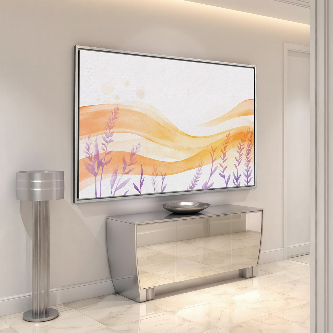 Framed Wall Art featuring watercolor floral design in warm orange and purple hues, displayed in a modern interior. Elevate your space with this stylish art piece!