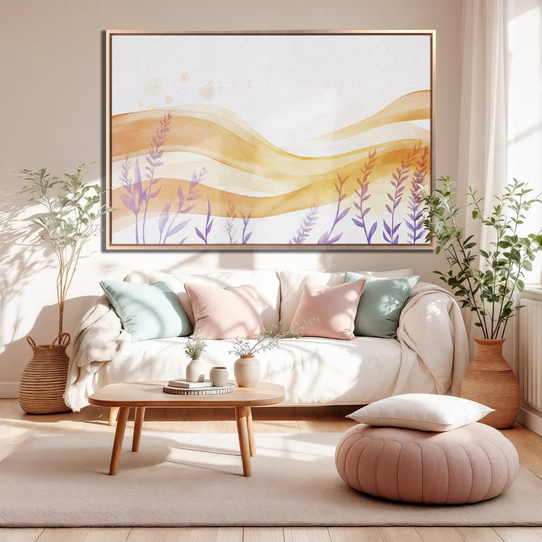 Framed Wall Art featuring watercolor landscape in warm yellow and purple tones. Modern art for living room decor.