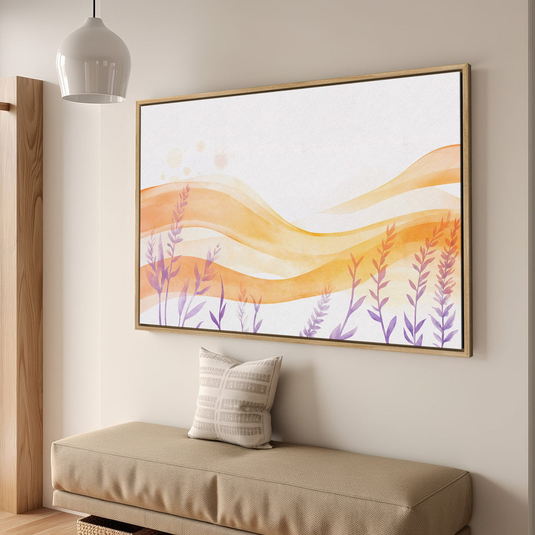 Framed Wall Art: Abstract watercolor landscape in warm orange and purple hues. Perfect for adding a touch of modern art to your home decor. Shop now!